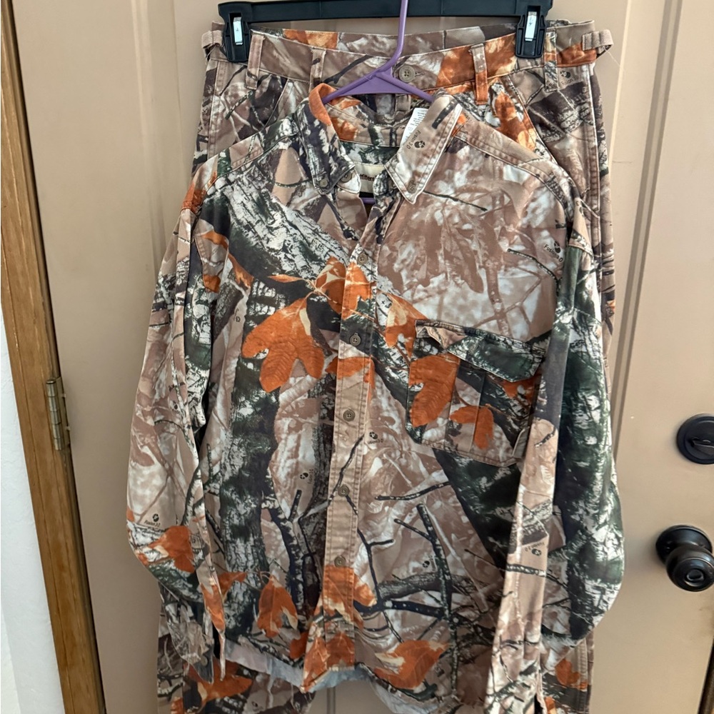 Men's Camouflage Shirt and Pants Set with Bold Orange Highlights.